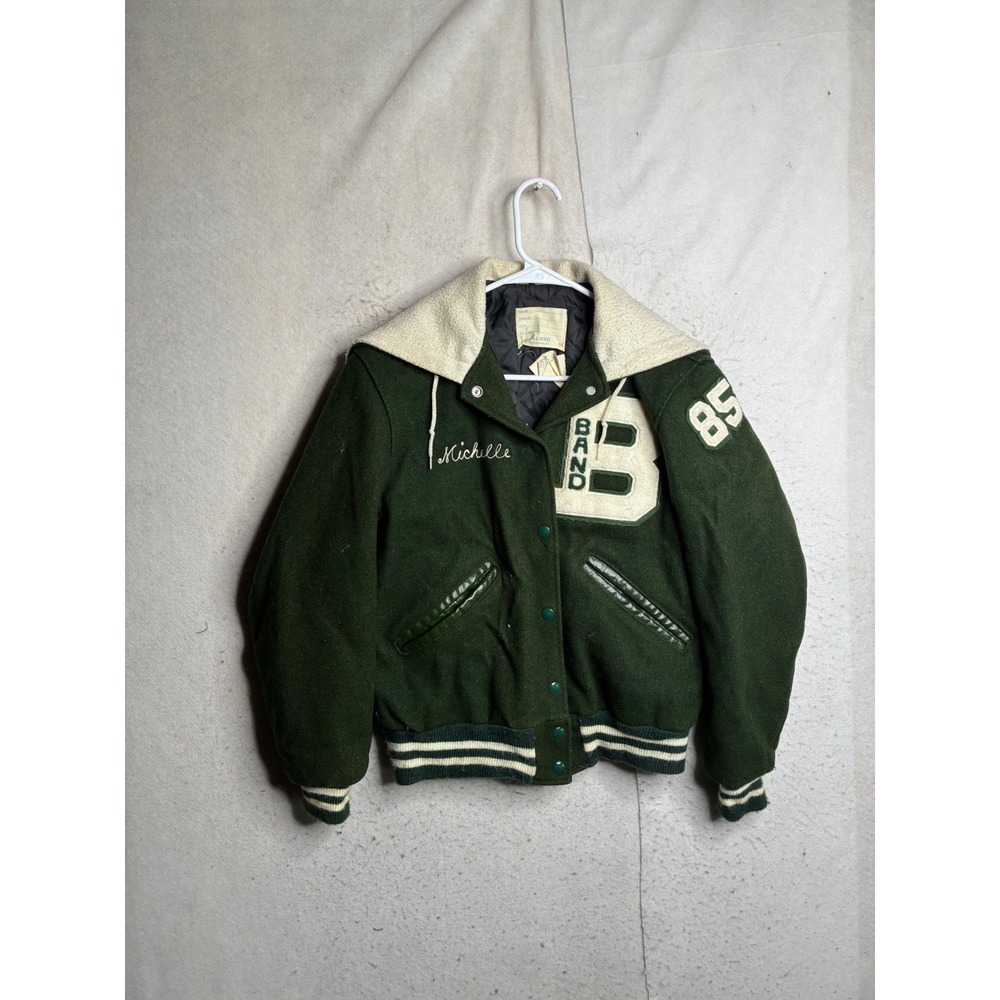 Vintage DeLONG Sportswear 1985 Varsity Letterman Jacket Green Wool Hooded 36